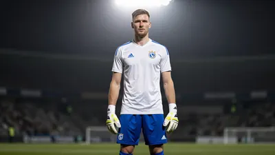 A photorealistic image of FC Volendam's goalkeeper Roy Steur, 25-30 years old, with a strong build, standing under the...