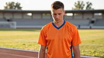 A medium shot of a 25-30 year old, 5'9" to 6'1" tall, athletic build, anonymous winger in a plain orange and blue jersey...